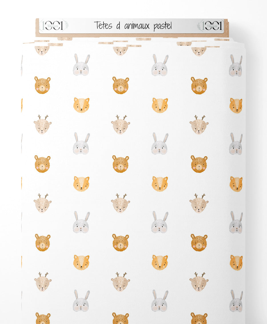 Tissu - Têtes d'animaux pastel