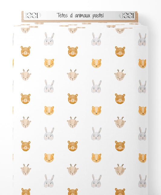 Tissu - Têtes d'animaux pastel
