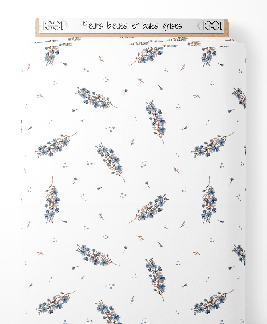 Tissu - Fleurs bleues et baies grises