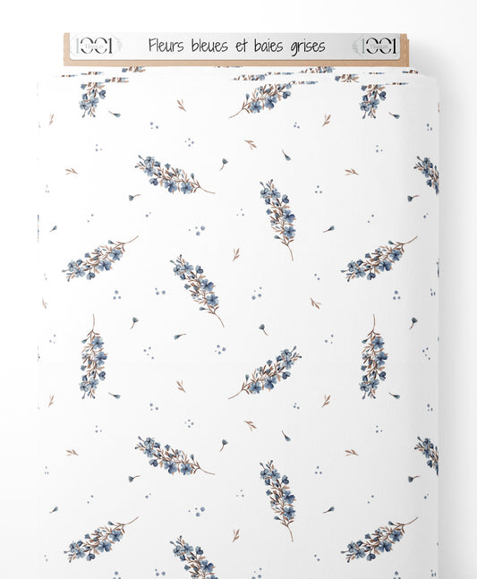 Tissu - Fleurs bleues et baies grises