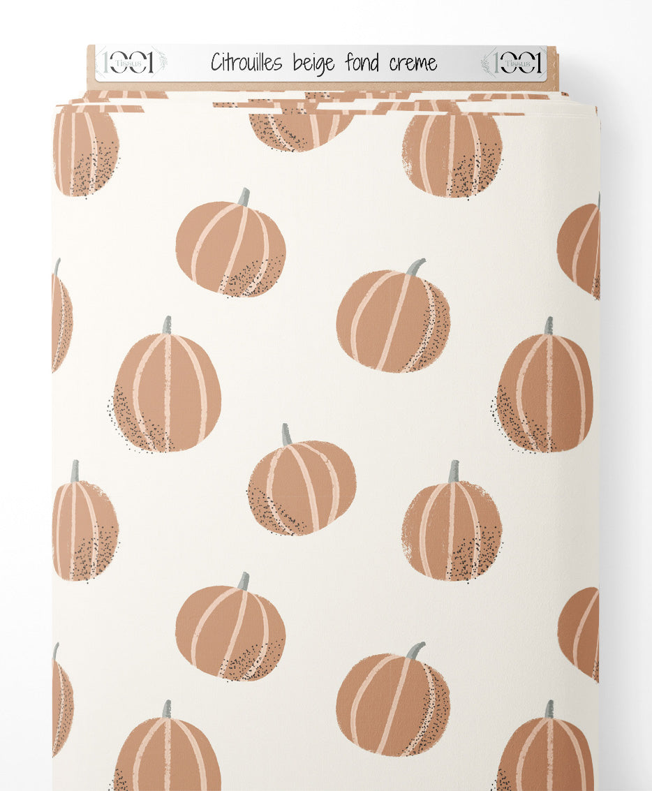 Tissu - Citrouilles beige sur fond crème