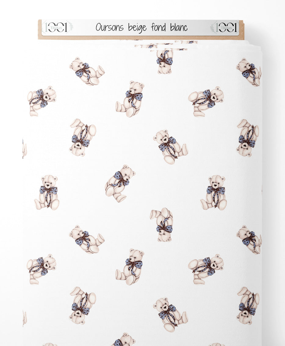 Tissu - Oursons beige sur fond blanc