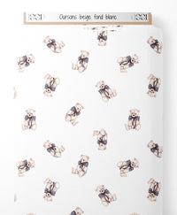 Tissu - Oursons beige sur fond blanc