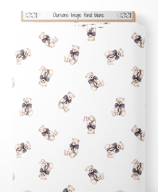Tissu - Oursons beige sur fond blanc