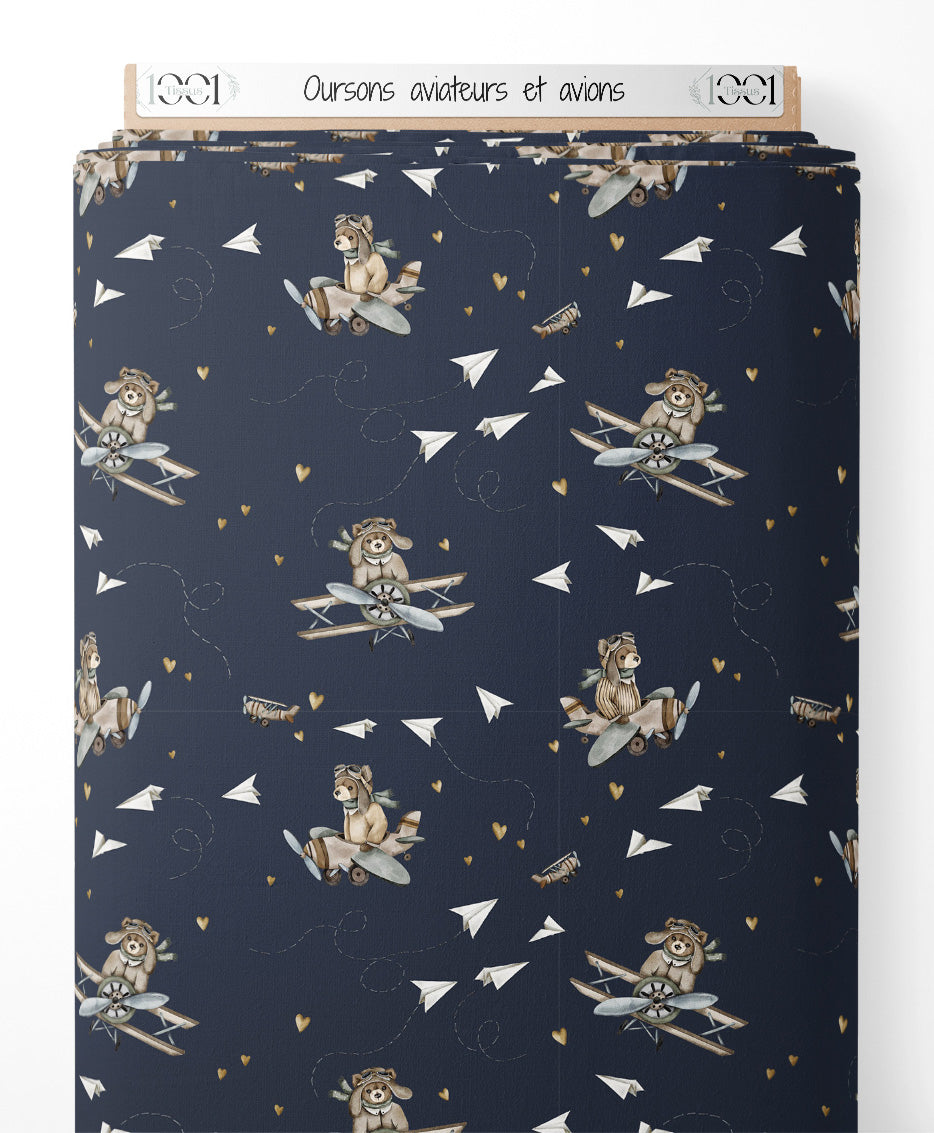 Tissu - Oursons aviateurs et avions