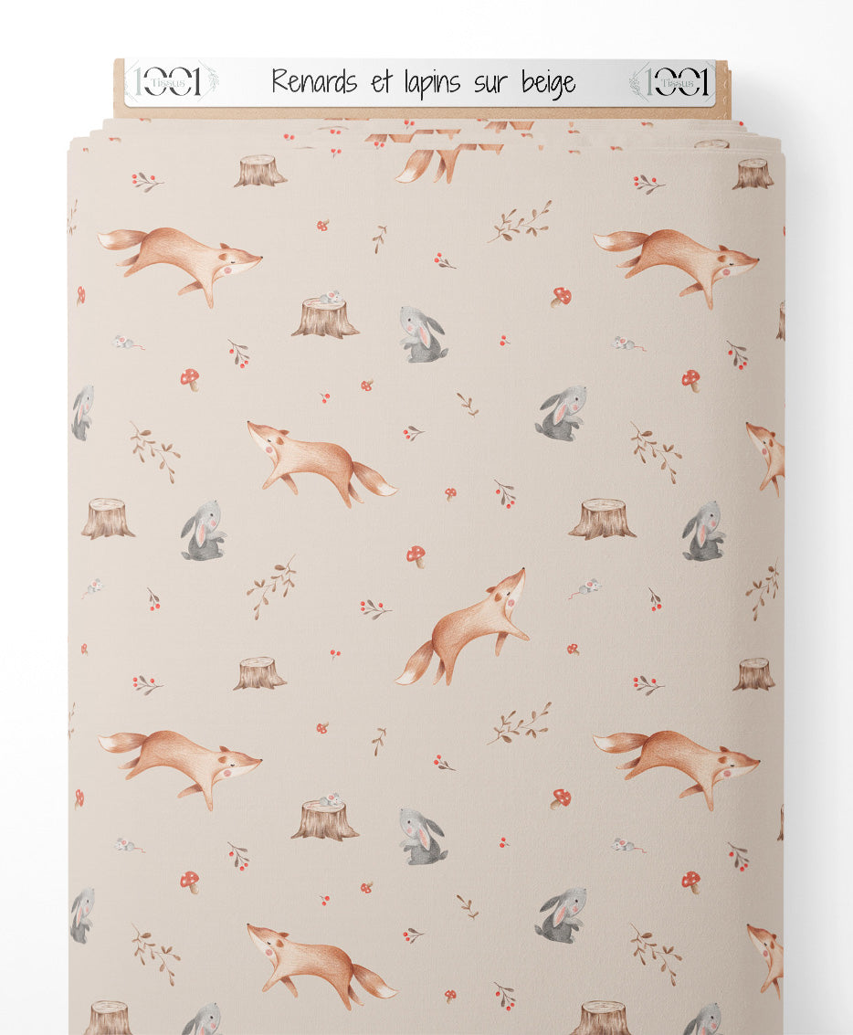 Tissu - Renards et lapins sur beige