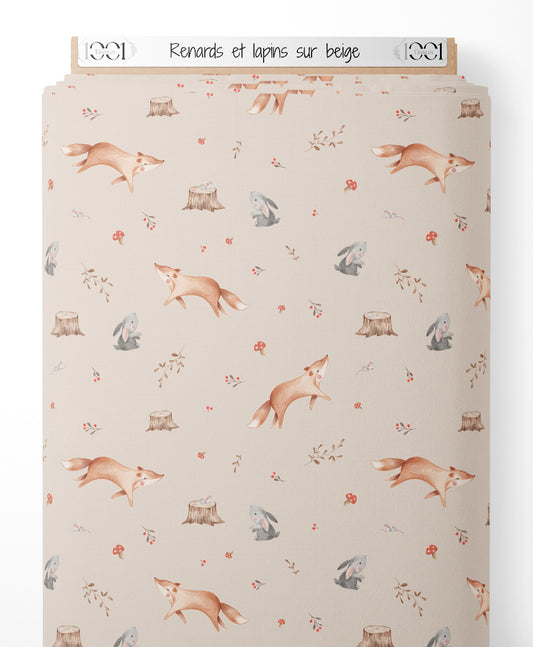 Tissu - Renards et lapins sur beige