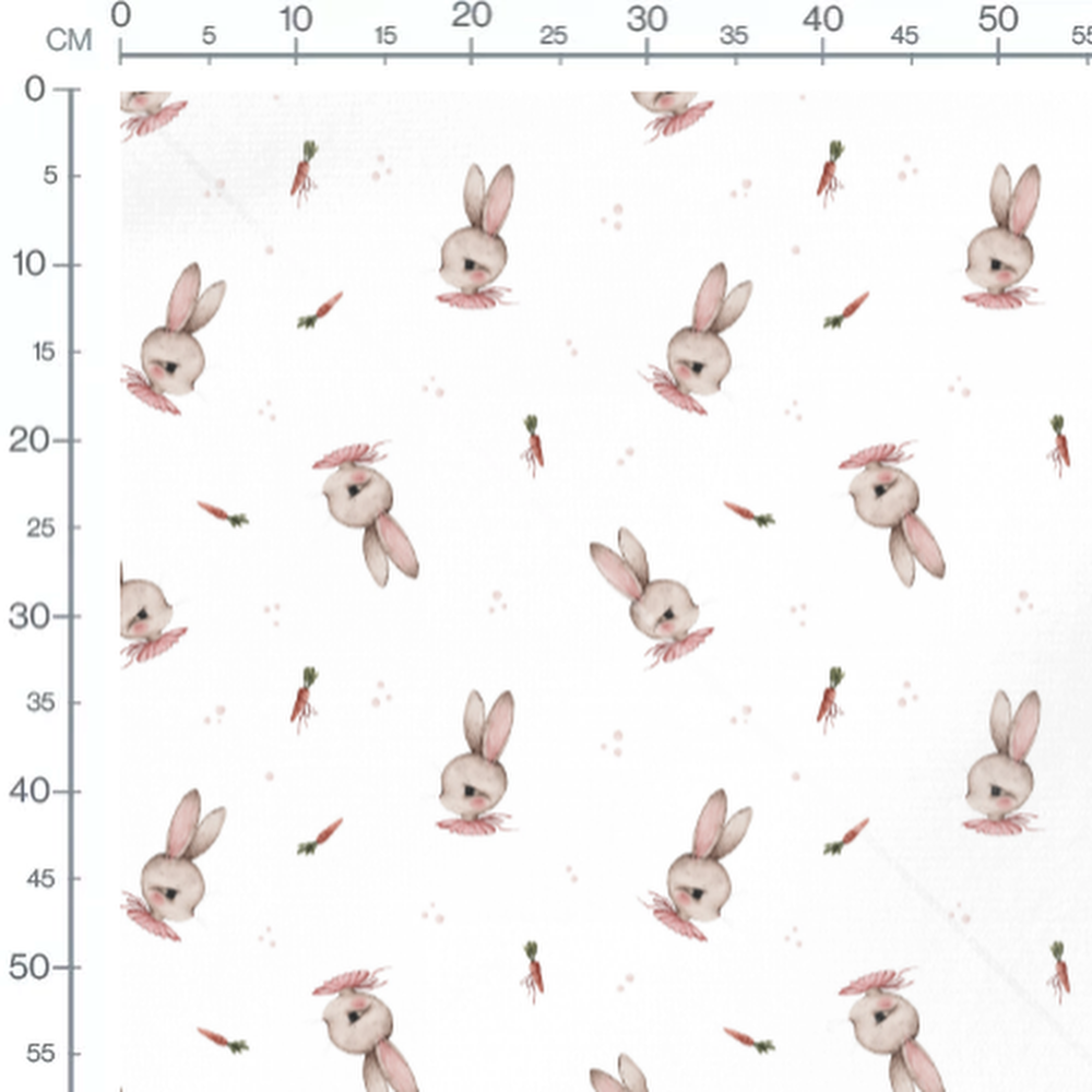 Tissu - Lapins roses et carottes blanches
