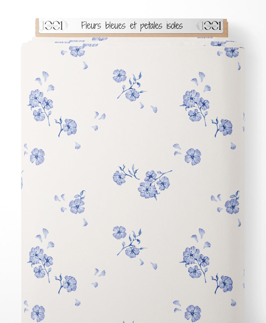 Tissu - Fleurs bleues et pétales isolés
