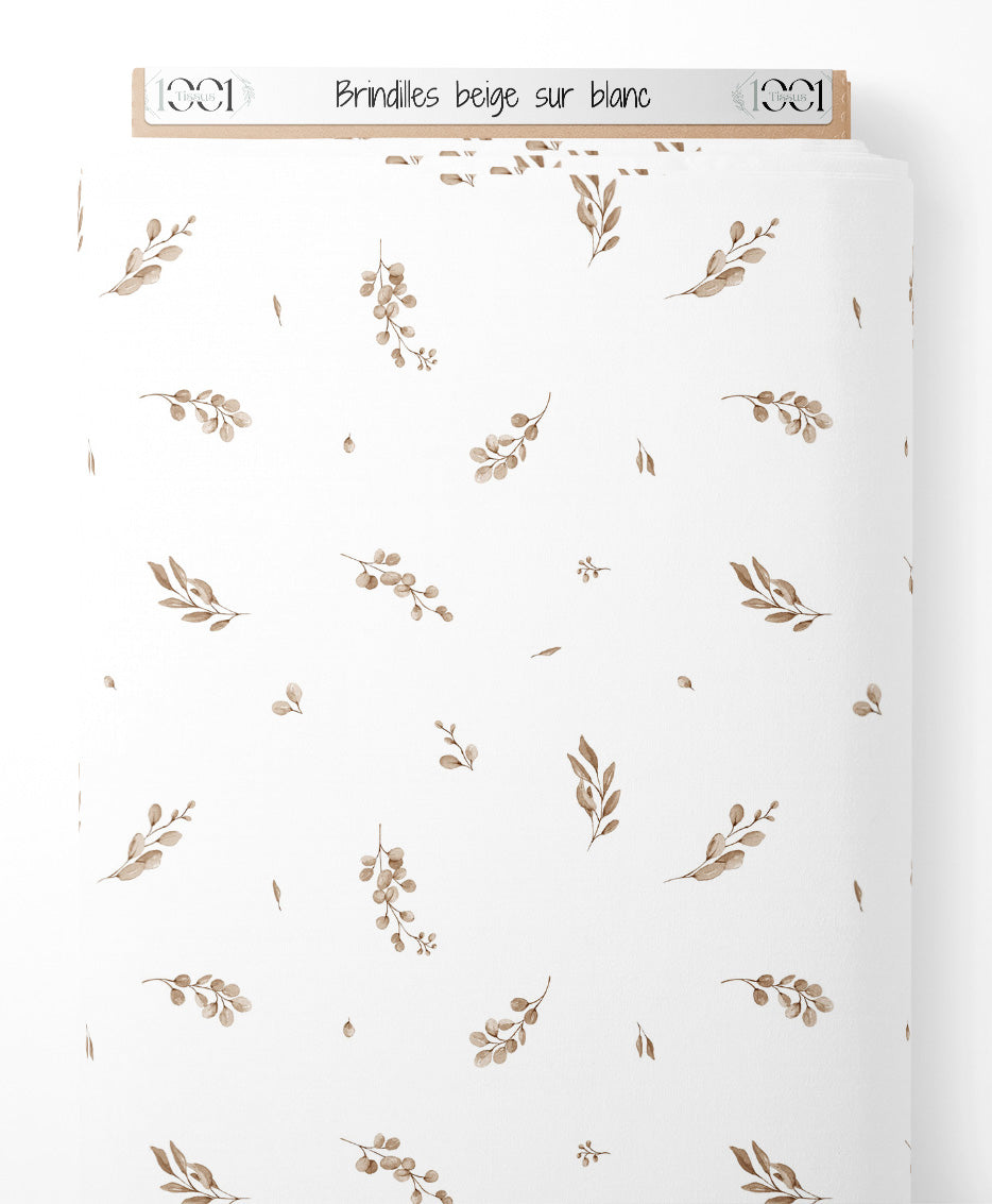 Tissu - Brindilles beige sur blanc
