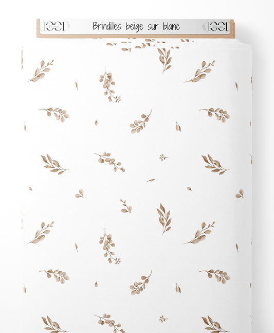 Tissu - Brindilles beige sur blanc