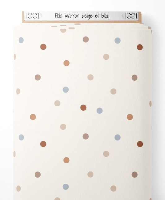 Tissu - Pois marron, beige et bleu