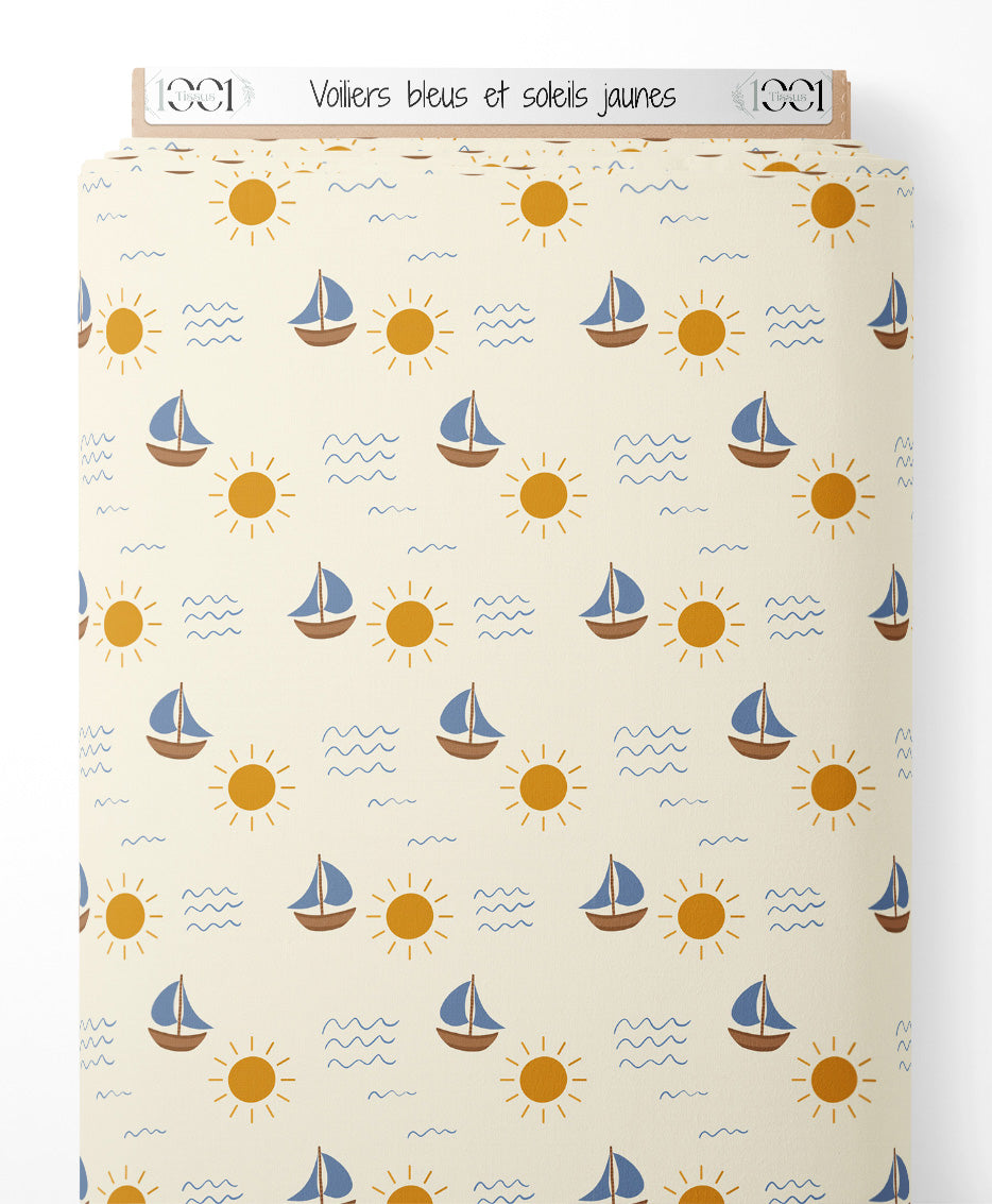 Tissu - Voiliers bleus et soleils jaunes