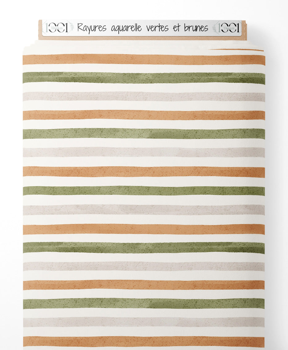 Tissu - Rayures aquarelle vertes et brunes
