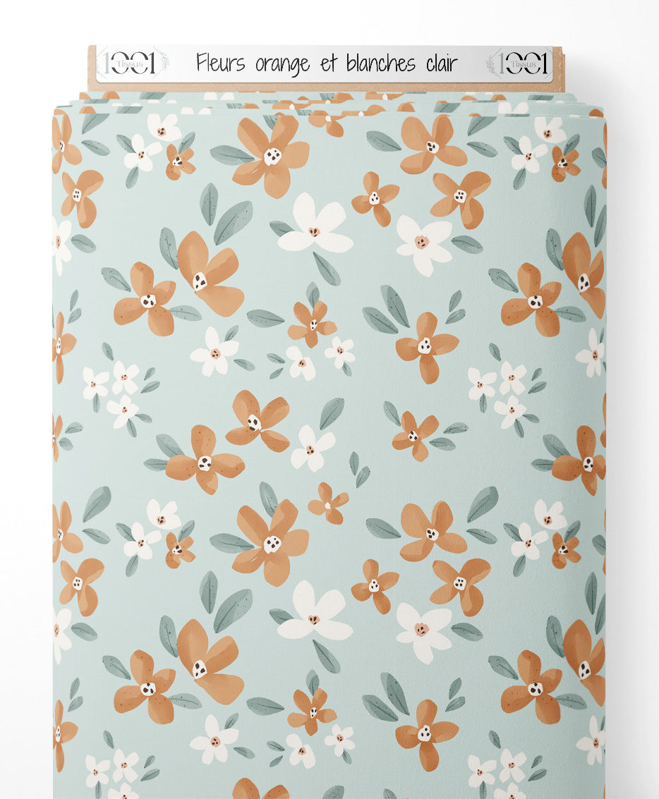 Tissu - Fleurs orange et blanches clair