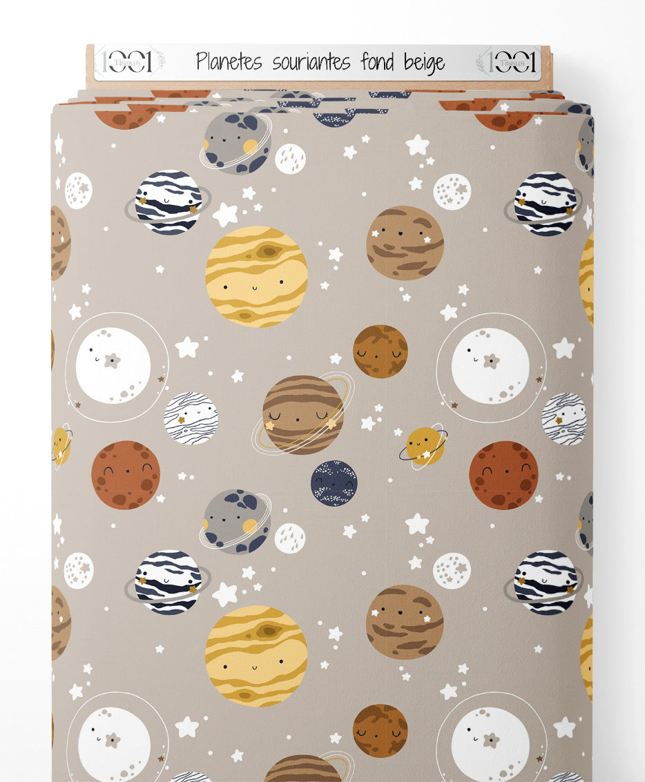 Tissu - Planètes souriantes sur fond beige