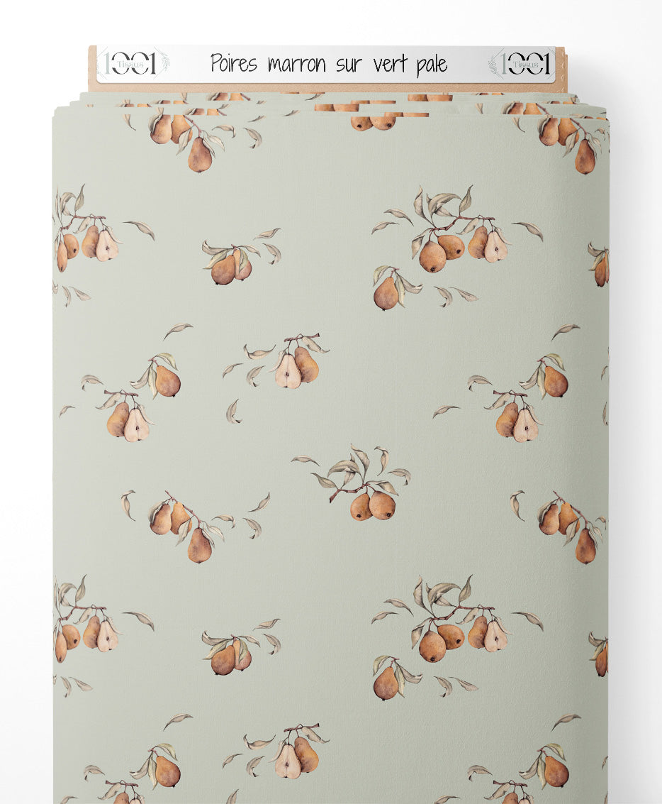 Tissu - Poires marron sur vert pâle