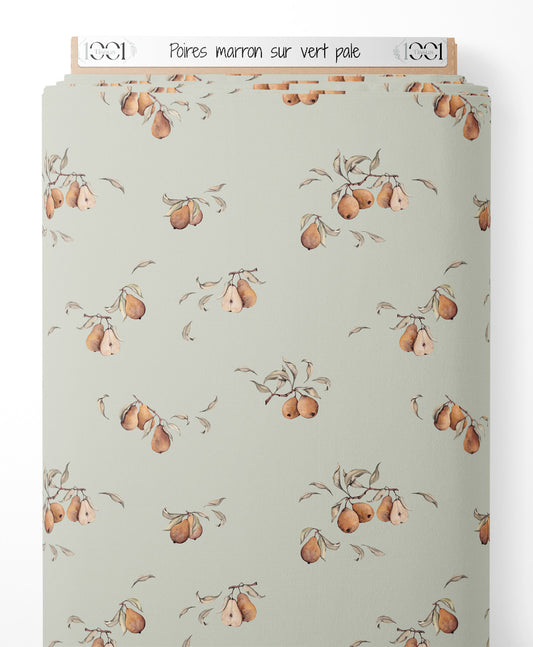 Tissu - Poires marron sur vert pâle