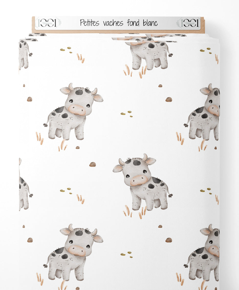 Tissu - Petites vaches sur fond blanc