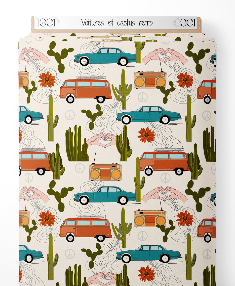 Tissu - Voitures et cactus rétro