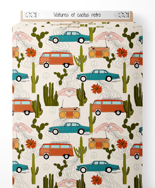 Tissu - Voitures et cactus rétro