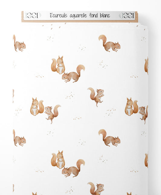 Tissu - Écureuils aquarelle fond blanc