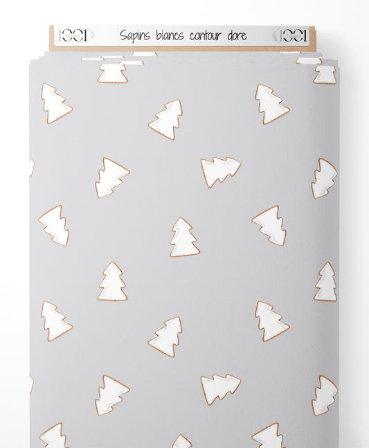 Tissu - Sapins blancs contour doré