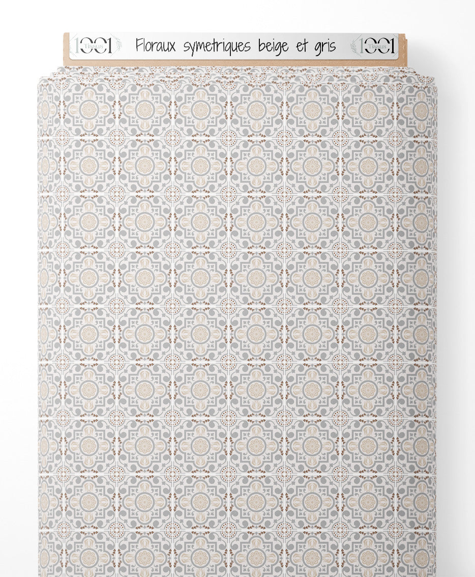 Tissu - Floraux symétriques beige et gris