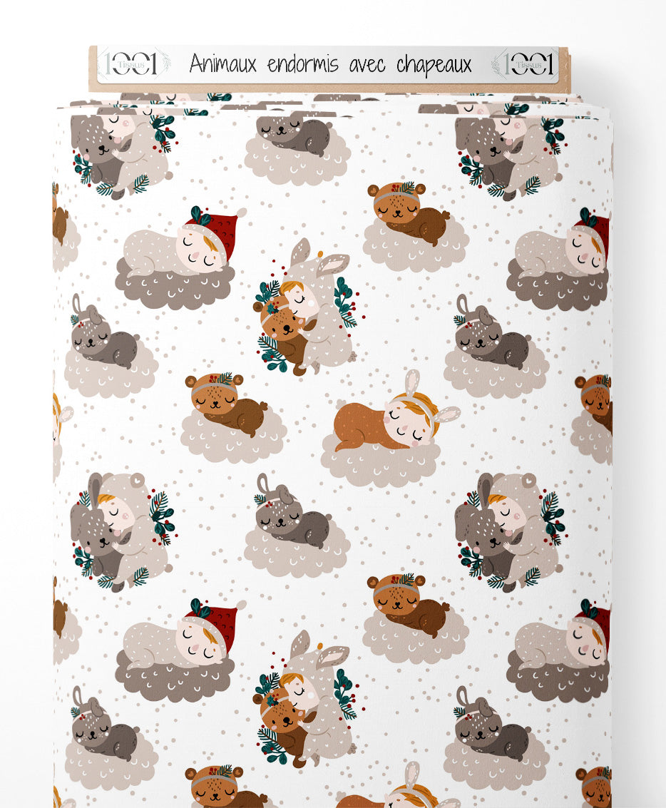 Tissu - Animaux endormis avec chapeaux