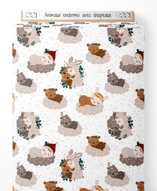 Tissu - Animaux endormis avec chapeaux