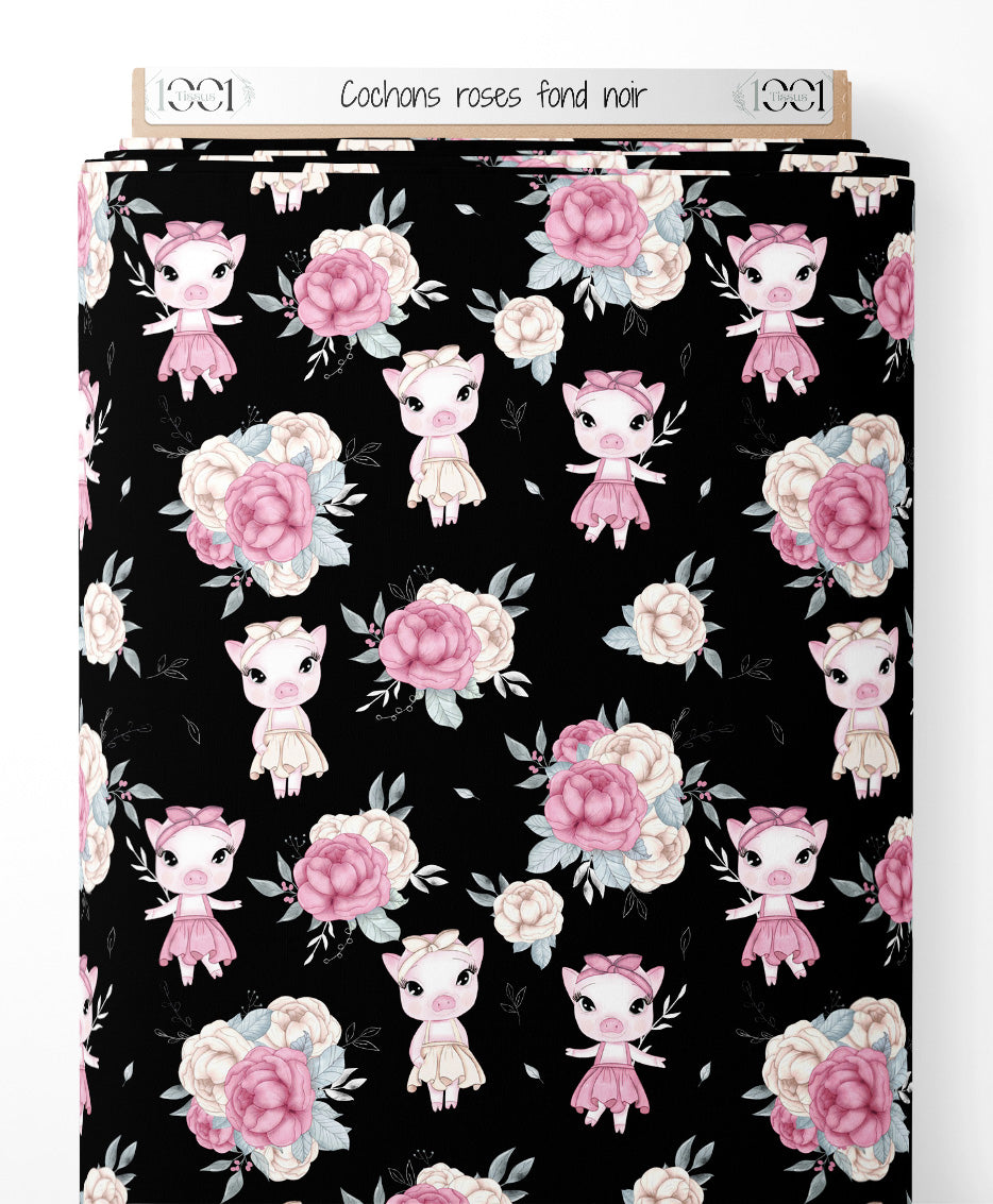 Tissu - Cochons roses sur fond noir