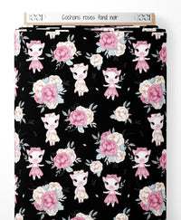 Tissu - Cochons roses sur fond noir