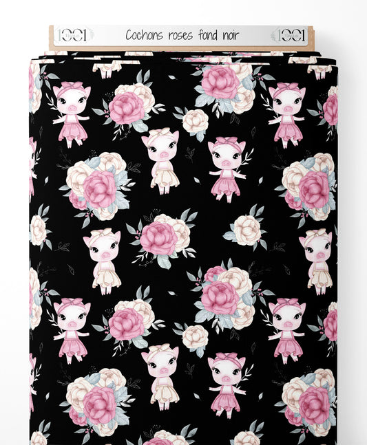 Tissu - Cochons roses sur fond noir