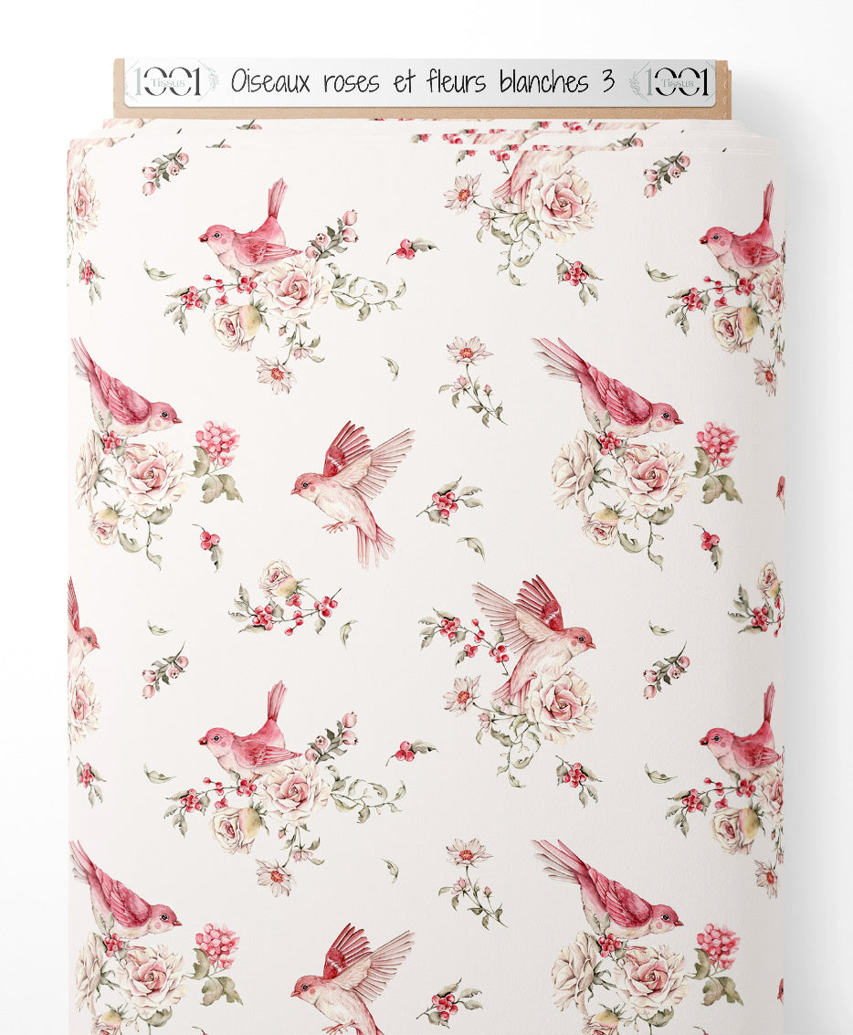 Tissu - Oiseaux roses et fleurs blanches 3