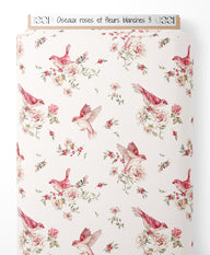 Tissu - Oiseaux roses et fleurs blanches 3