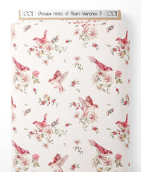 Tissu - Oiseaux roses et fleurs blanches 3