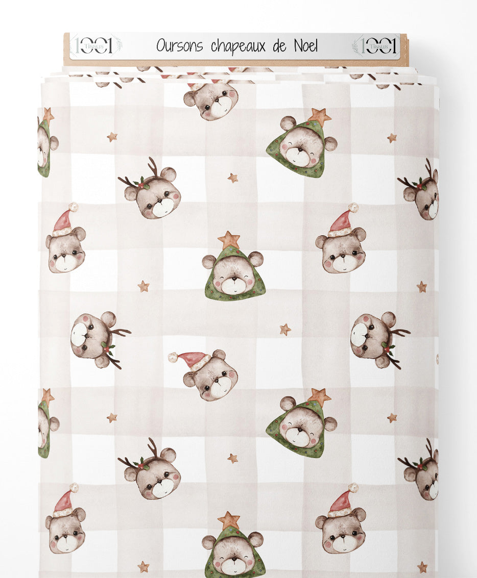 Tissu - Oursons chapeaux de Noël