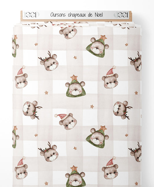 Tissu - Oursons chapeaux de Noël