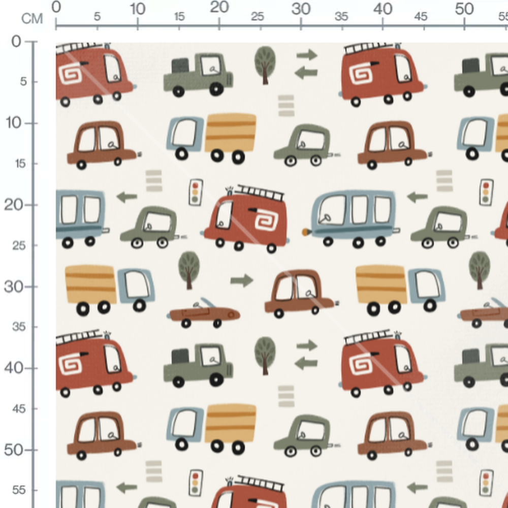 Tissu - Véhicules colorés sur beige 2