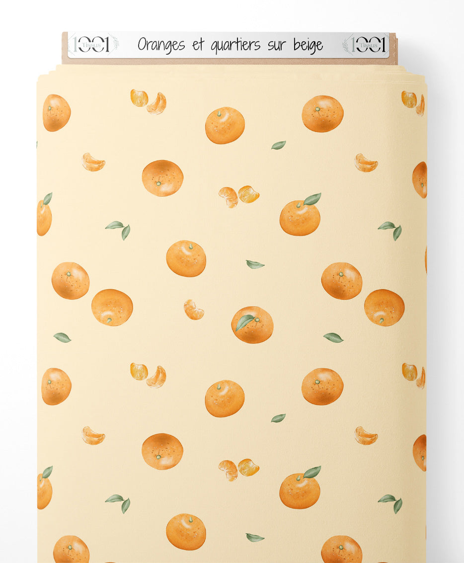 Tissu - Oranges et quartiers sur beige