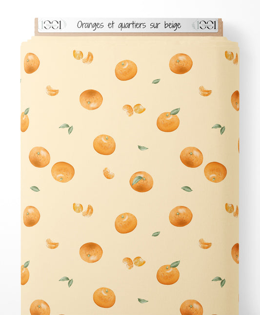 Tissu - Oranges et quartiers sur beige