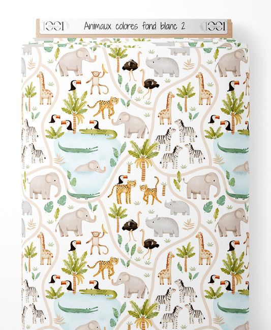 Tissu - Animaux colorés sur fond blanc 2
