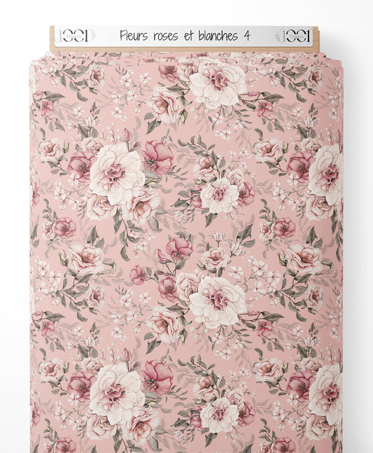 Tissu - Fleurs roses et blanches 4