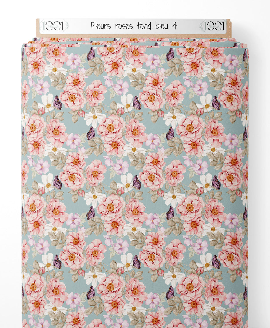 Tissu - Fleurs roses sur fond bleu 4