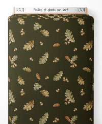 Tissu - Feuilles et glands sur vert