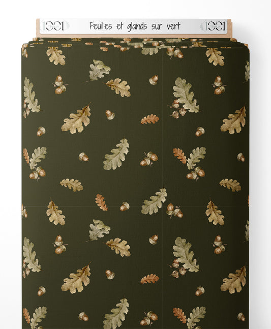 Tissu - Feuilles et glands sur vert