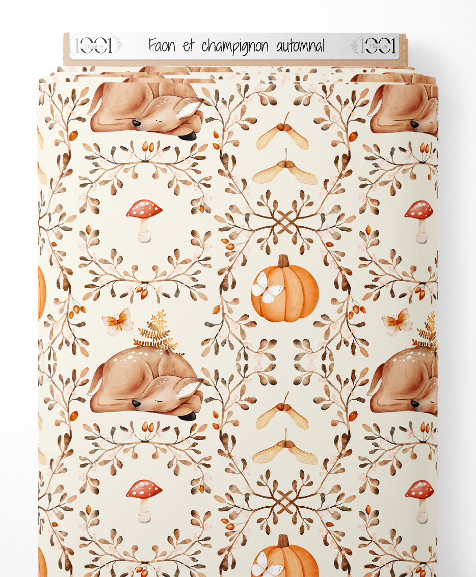 Tissu - Faon et champignon automnal