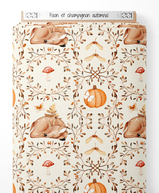 Tissu - Faon et champignon automnal