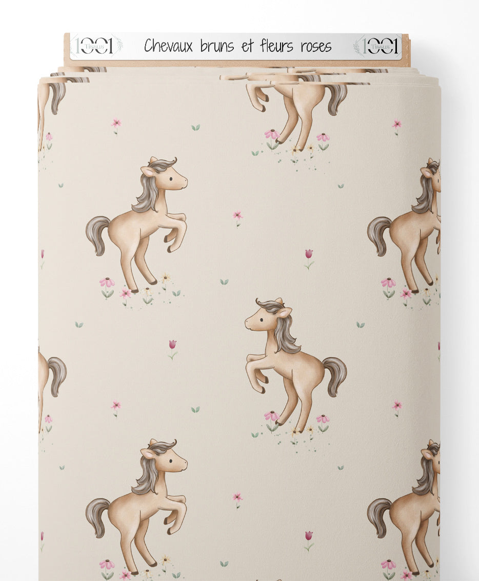 Tissu - Chevaux bruns et fleurs roses