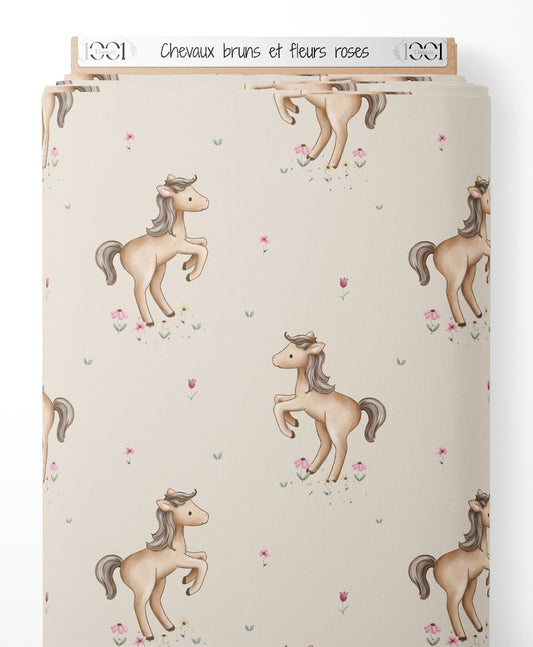 Tissu - Chevaux bruns et fleurs roses
